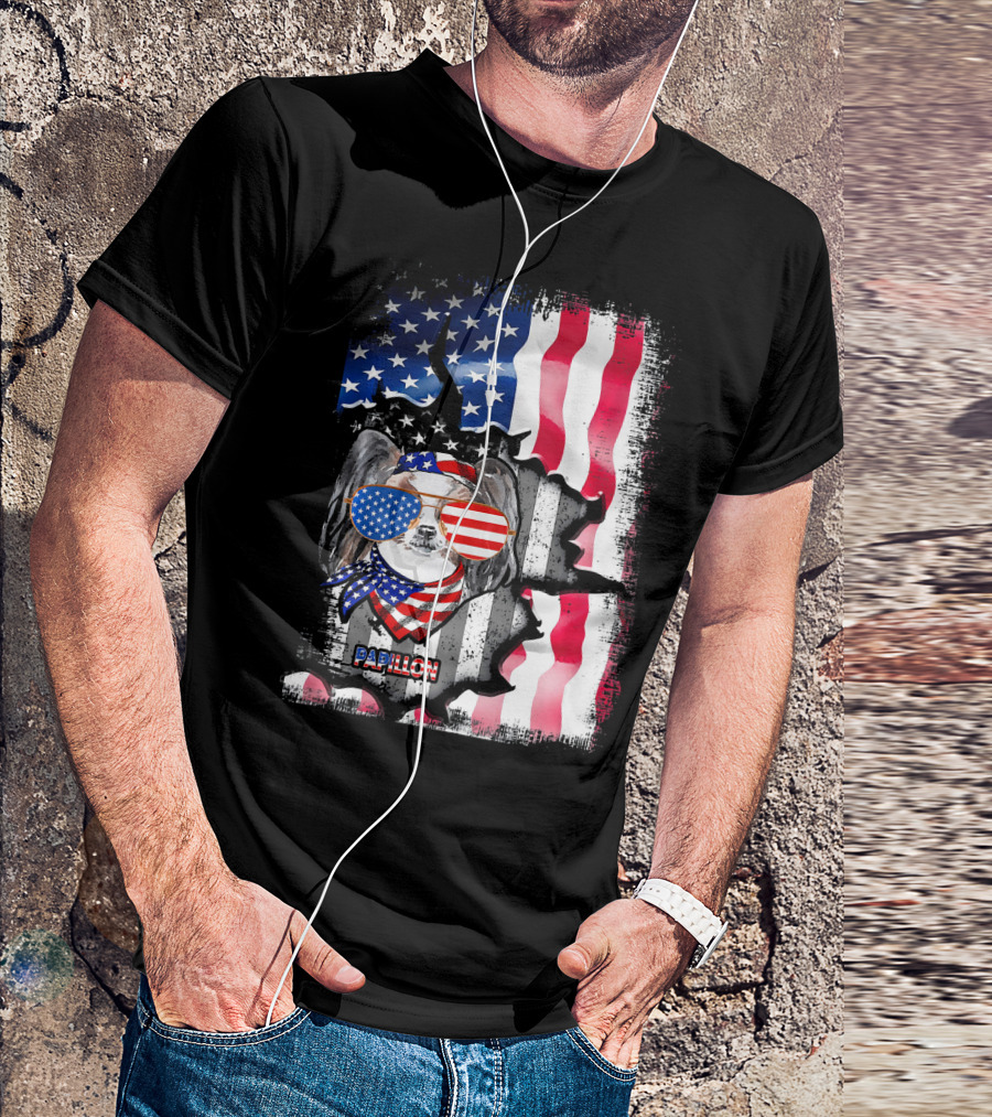 Papillon Dog Lover Fun American USA Flag Sunglasses And Scarf T-Shirt