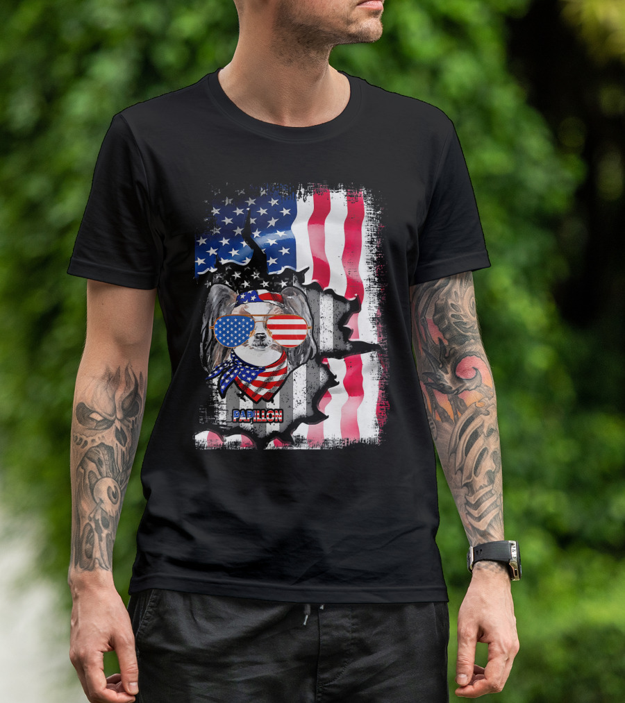 Papillon Dog Lover Fun American USA Flag Sunglasses And Scarf T-Shirt