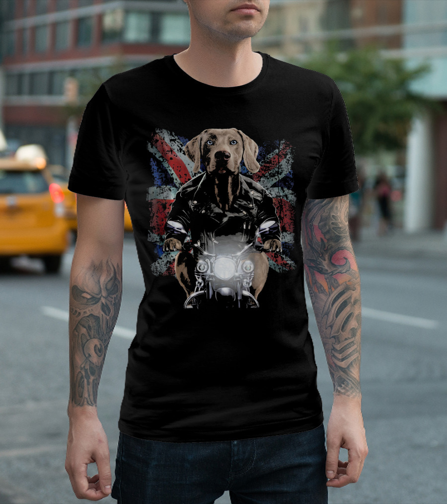 Union Jack Weimaraner Dog on Motorcycle with Leather Jacket T-Shirt