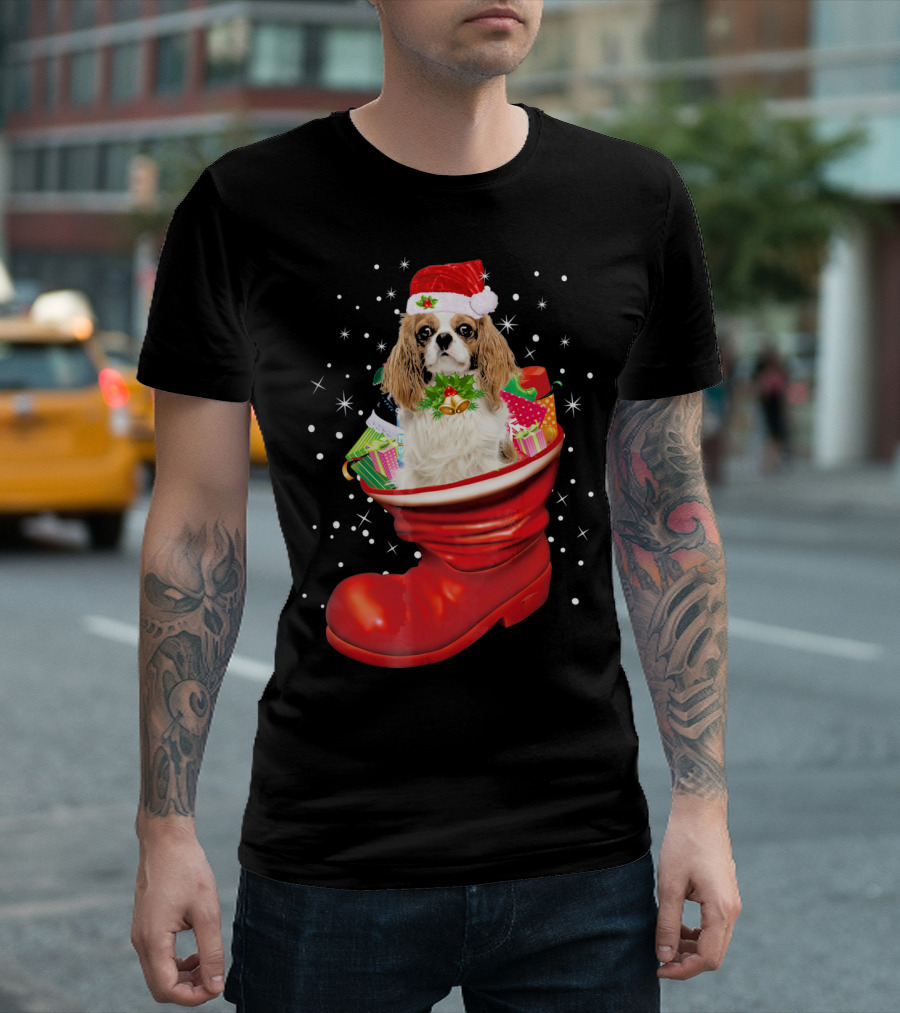 Cavalier King Dog Christmas Cavali Festive Santa Boot Holiday T-Shirt
