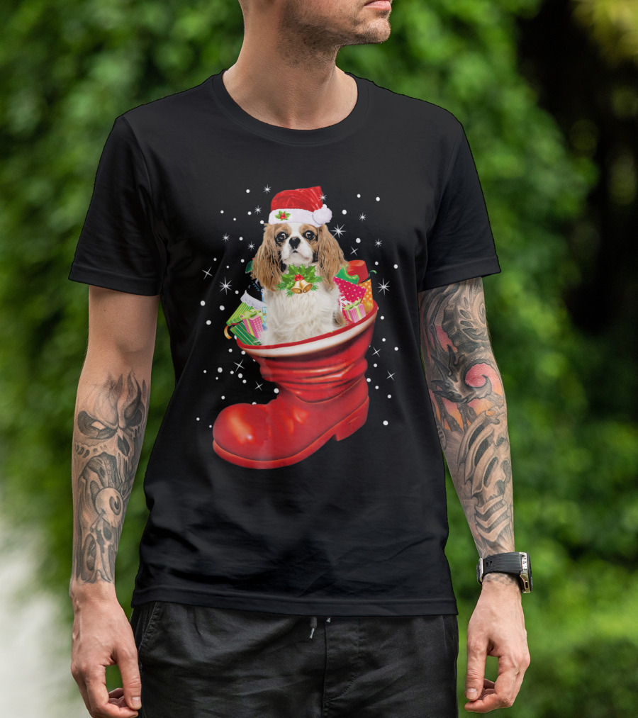 Cavalier King Dog Christmas Cavali Festive Santa Boot Holiday T-Shirt