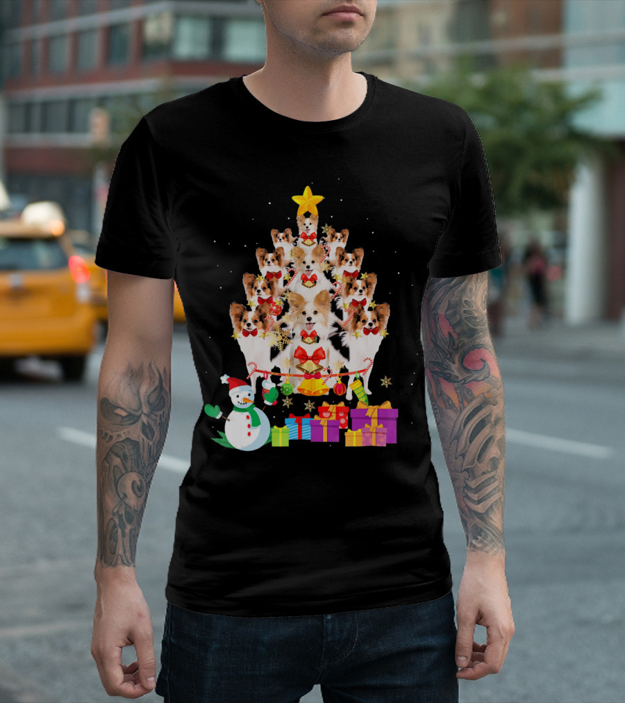 Christmas Papillon Dog Tree with Gifts and Snowman T-Shirt