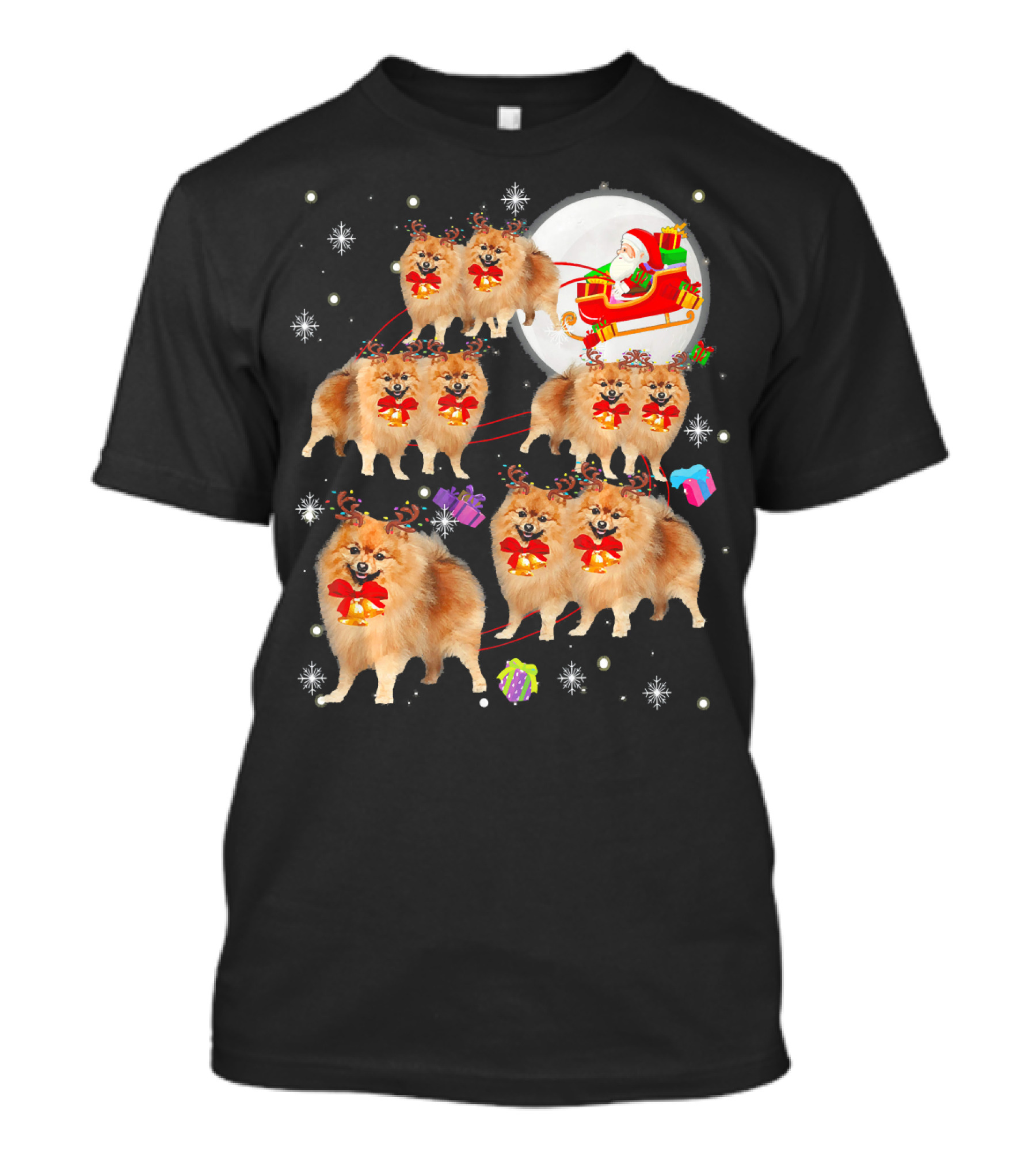 Pomeranian Reindeer Christmas Santa Sleigh Snowflakes T-Shirt