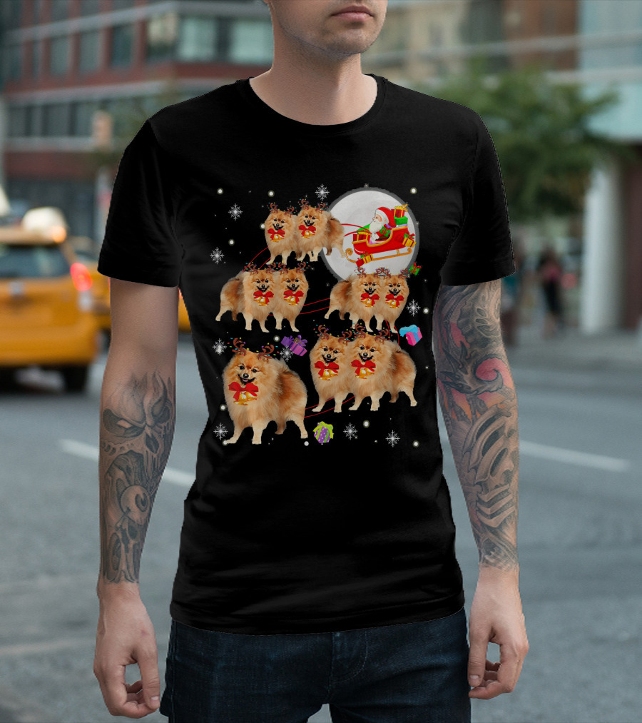 Pomeranian Reindeer Christmas Santa Sleigh Snowflakes T-Shirt