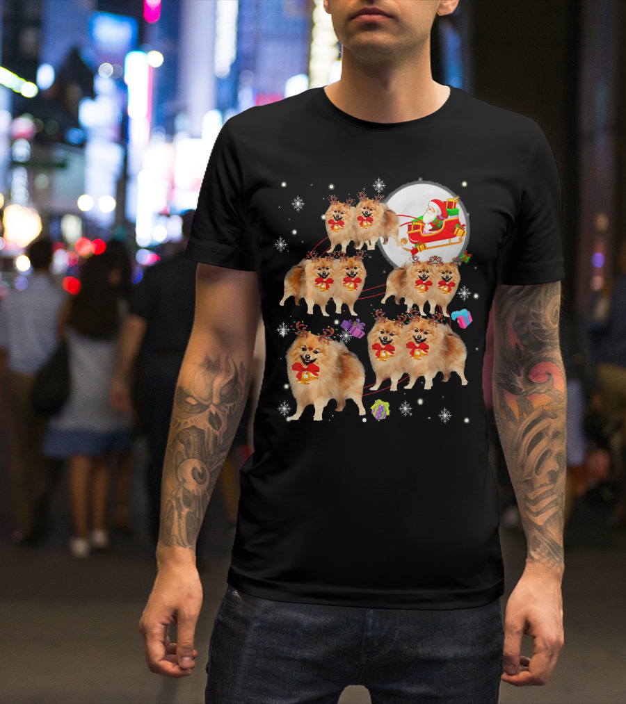 Pomeranian Reindeer Christmas Santa Sleigh Snowflakes T-Shirt