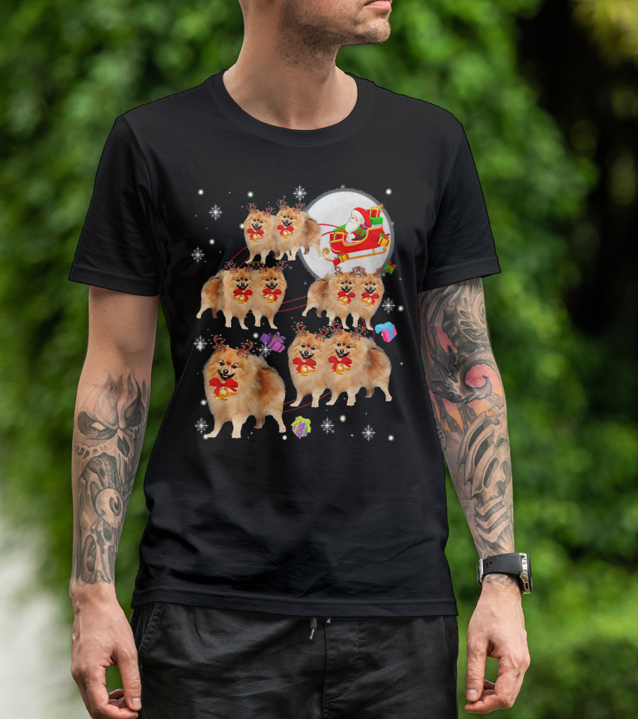 Pomeranian Reindeer Christmas Santa Sleigh Snowflakes T-Shirt