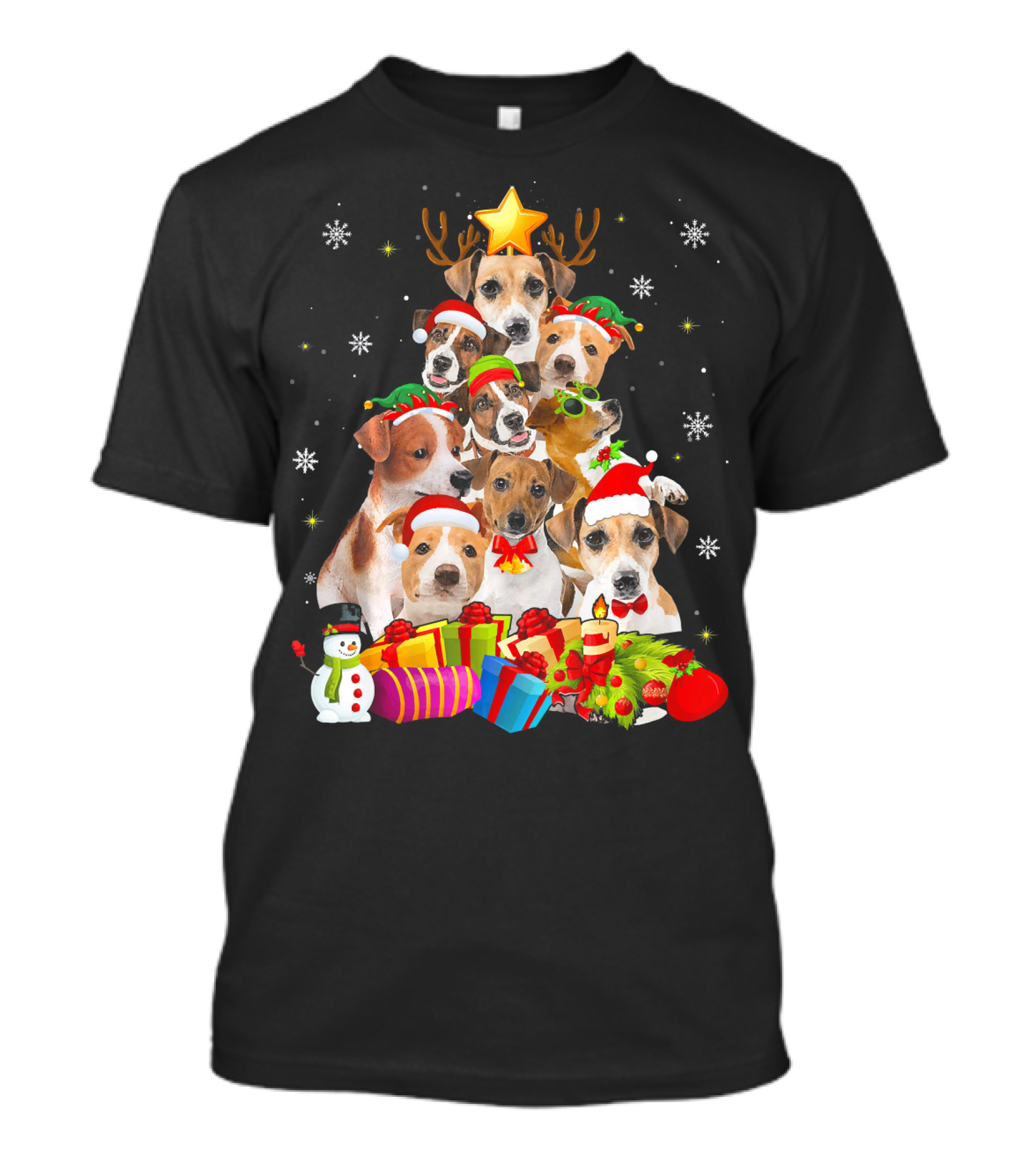 Funny Jack Russell Terrier Christmas Tree With Santa Hats And Gifts T-Shirt