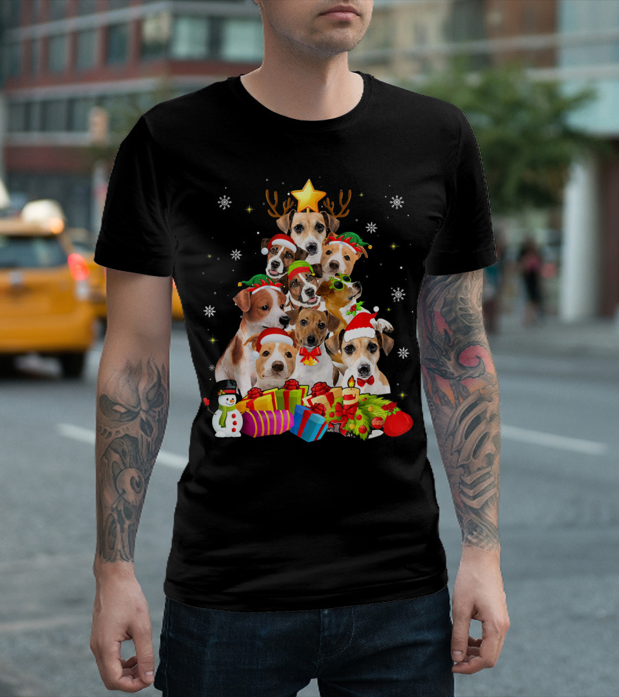 Funny Jack Russell Terrier Christmas Tree With Santa Hats And Gifts T-Shirt