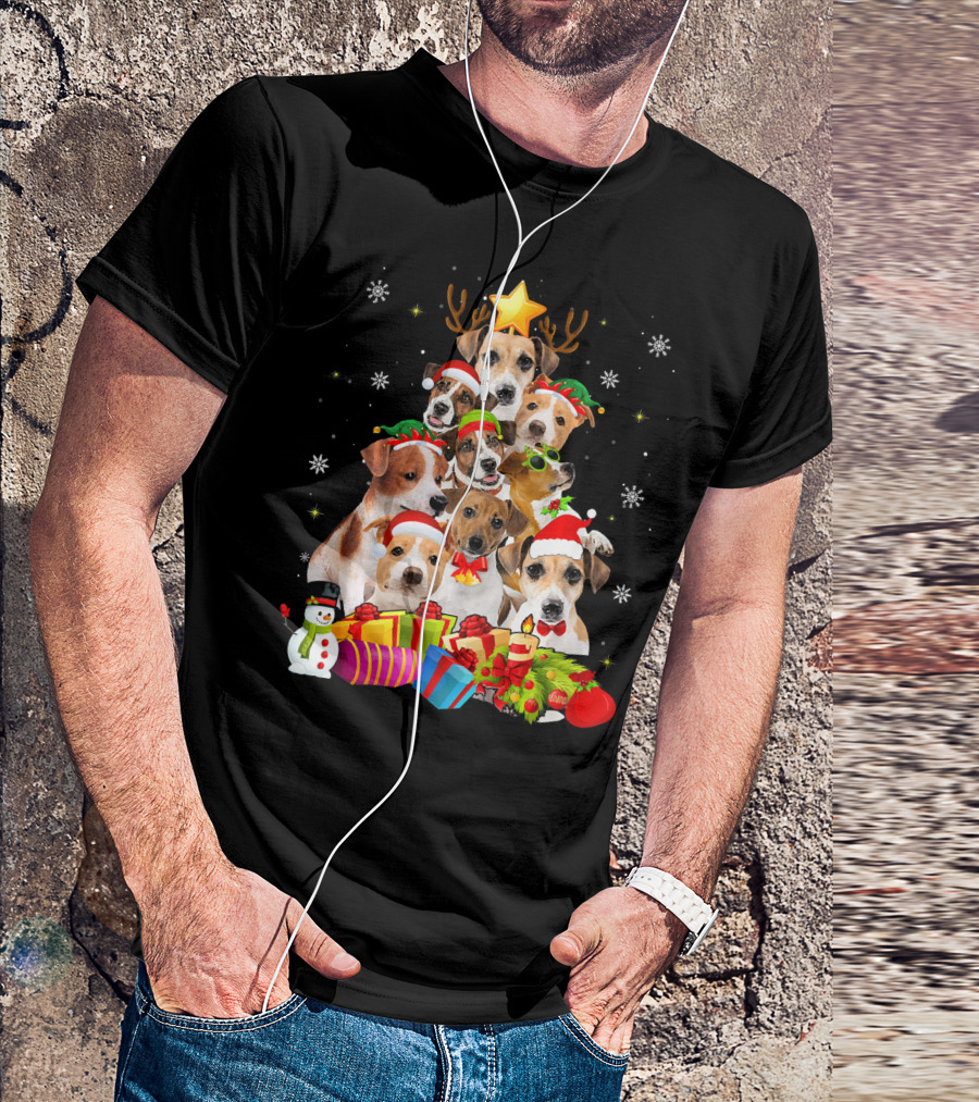 Funny Jack Russell Terrier Christmas Tree With Santa Hats And Gifts T-Shirt