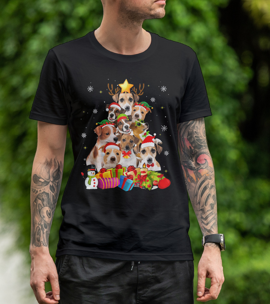 Funny Jack Russell Terrier Christmas Tree With Santa Hats And Gifts T-Shirt