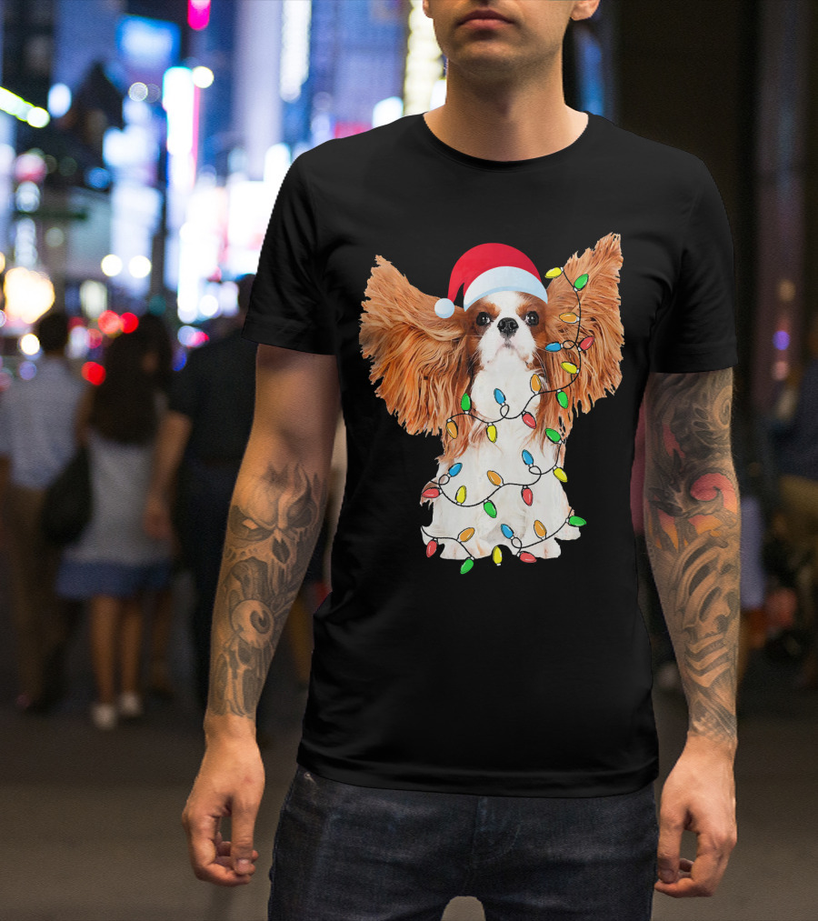 Christmas Cavalier King Charles Spaniel Santa Hat String Lights T-Shirt