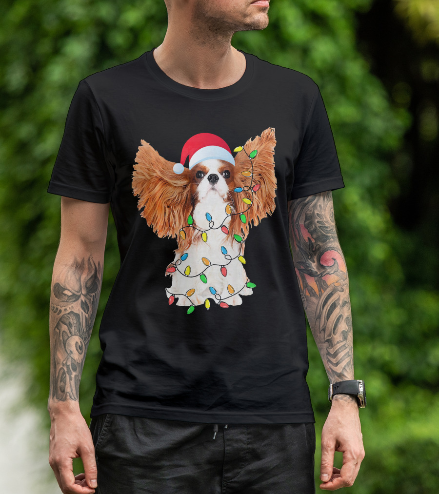 Christmas Cavalier King Charles Spaniel Santa Hat String Lights T-Shirt