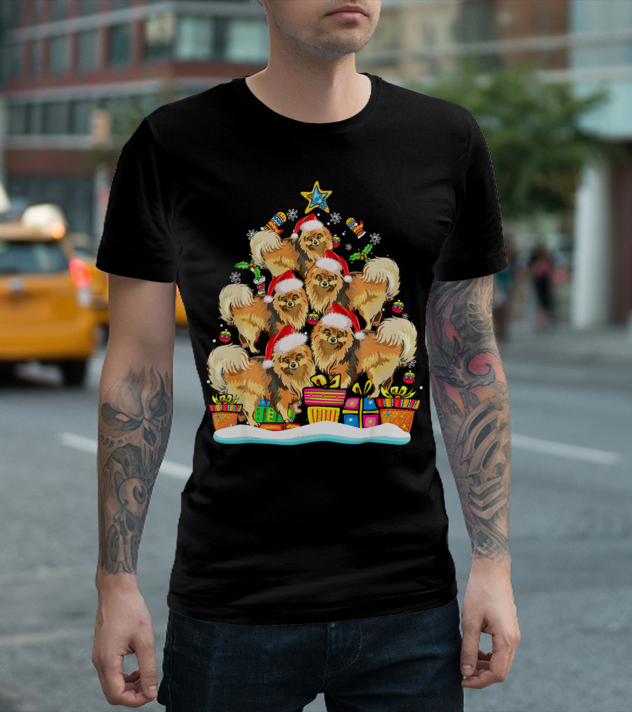 Pomeranian Dogs with Santa Hats Forming a Christmas Tree with Gifts and Ornaments T-Shirt