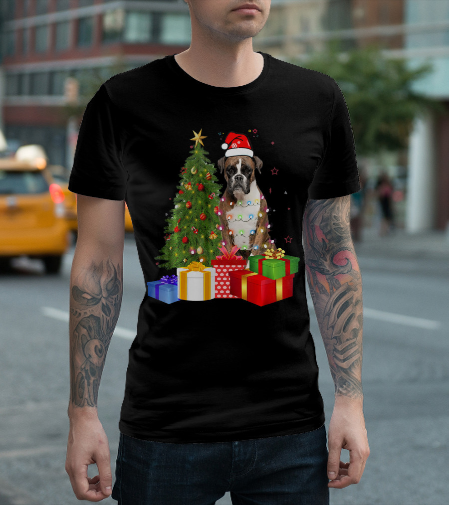 Santa Boxer Dog Christmas Tree Lights Presents T-Shirt