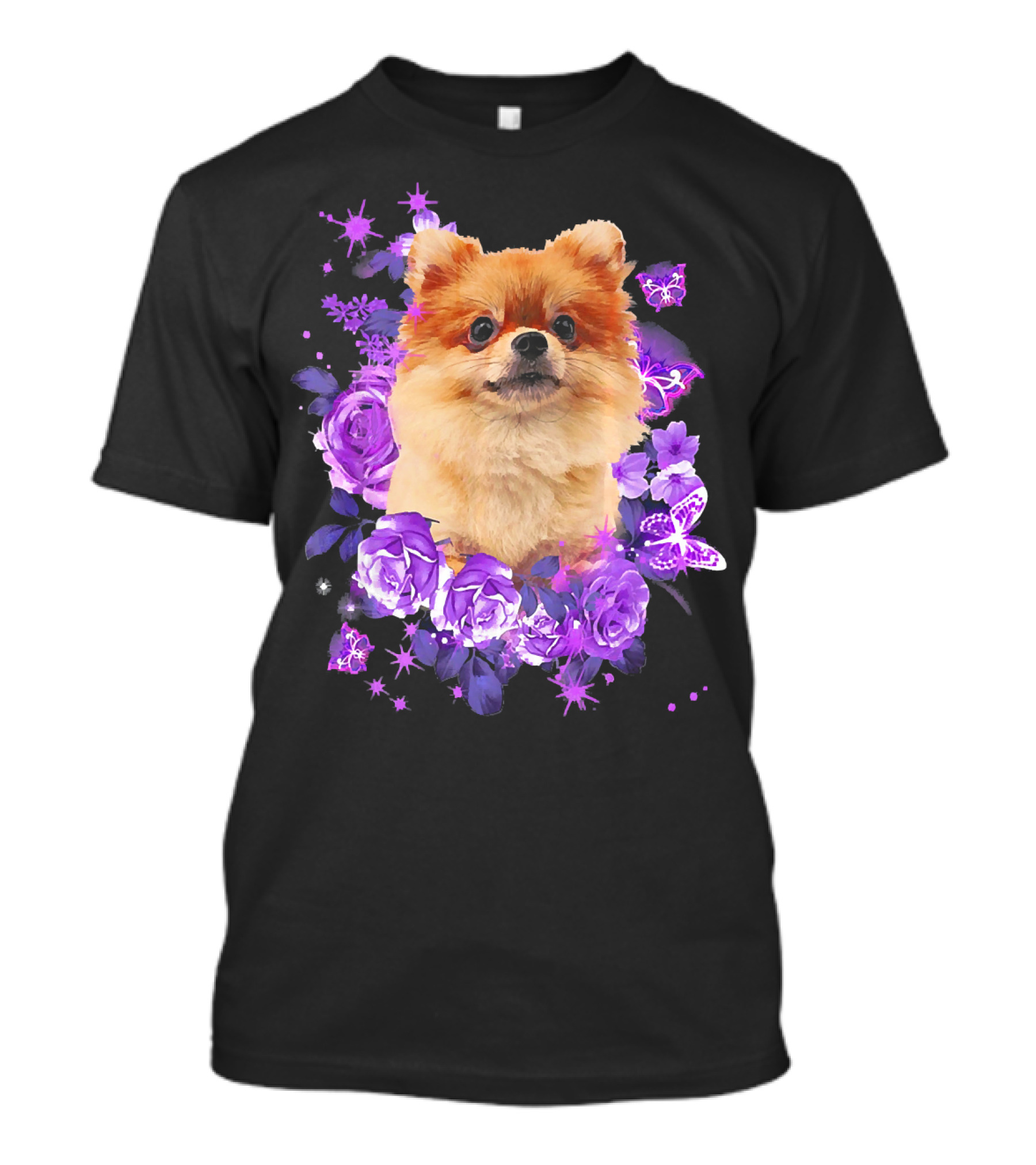 Cute Pomeranian Dog Surrounded By Purple Flowers And Butterflies T-Shirt
