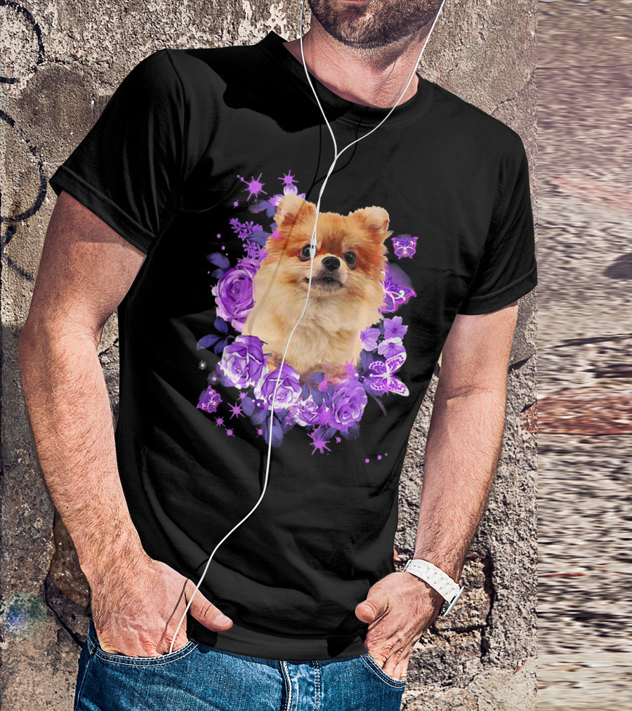 Cute Pomeranian Dog Surrounded By Purple Flowers And Butterflies T-Shirt