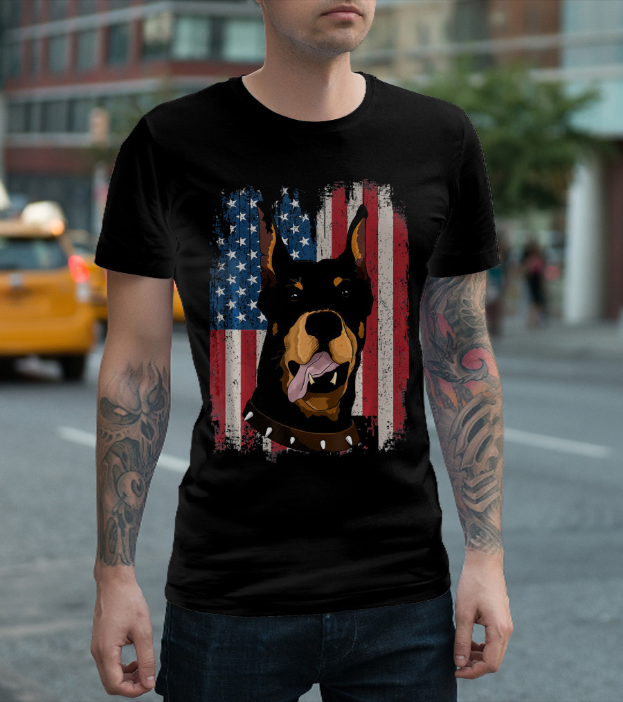 Doberman Pinscher with American Flag Background T-Shirt
