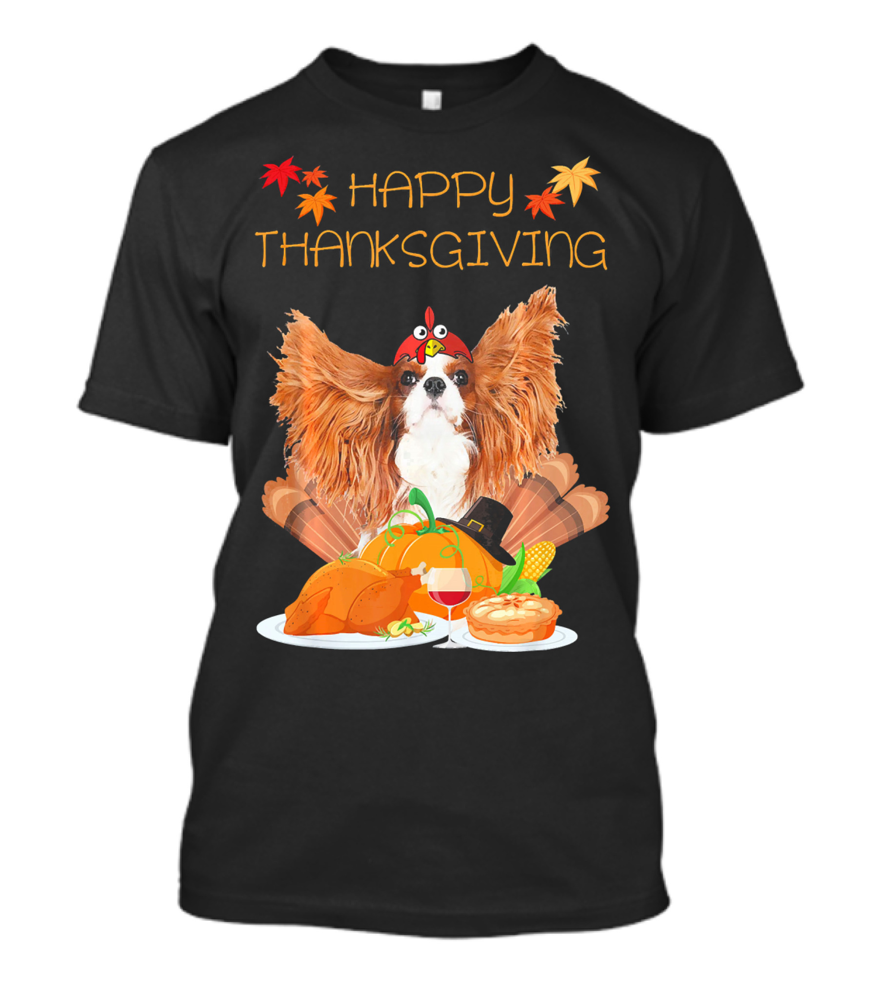 Happy Thanksgiving Day Cavalier King Charles Spaniel With Turkey Feast And Autumn Leaves T-Shirt