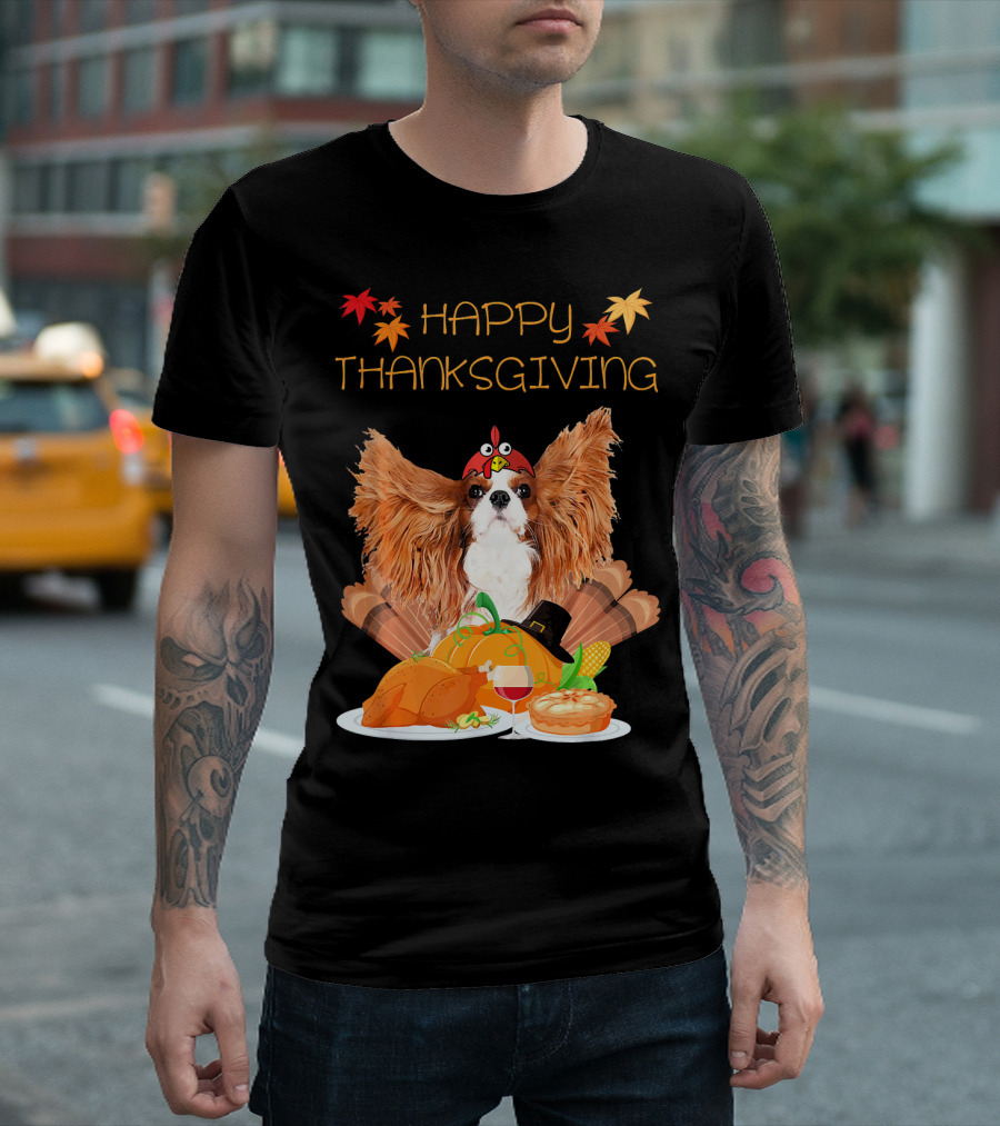 Happy Thanksgiving Day Cavalier King Charles Spaniel With Turkey Feast And Autumn Leaves T-Shirt