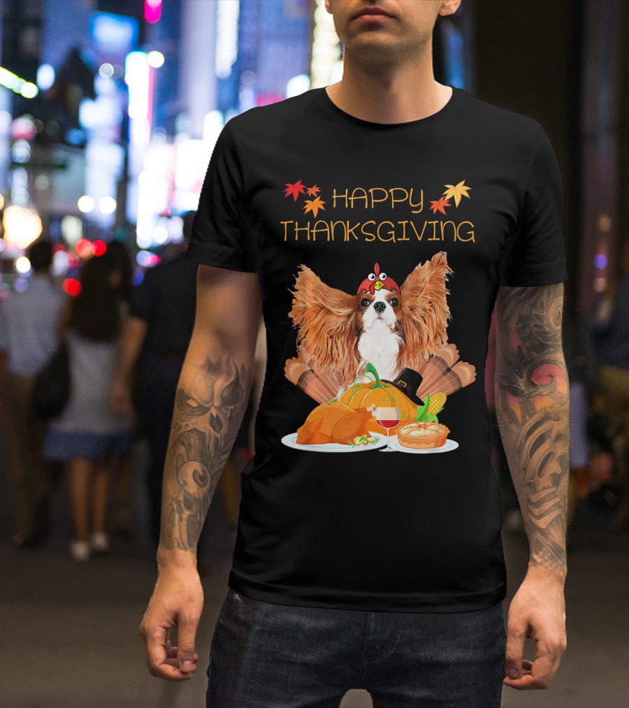 Happy Thanksgiving Day Cavalier King Charles Spaniel With Turkey Feast And Autumn Leaves T-Shirt