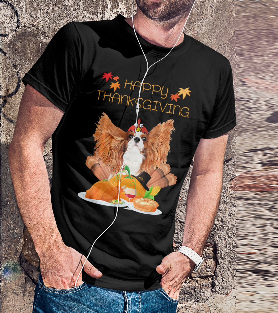 Happy Thanksgiving Day Cavalier King Charles Spaniel With Turkey Feast And Autumn Leaves T-Shirt