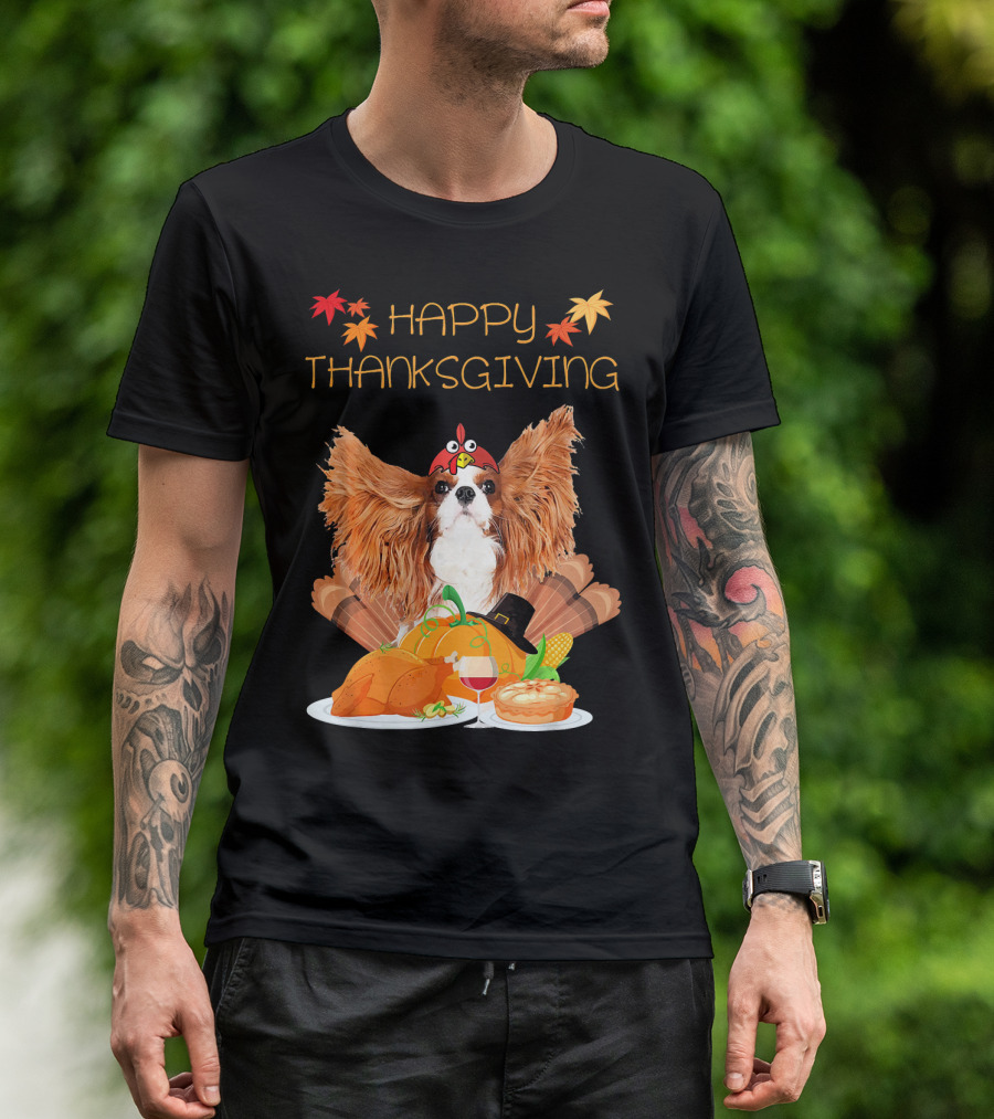 Happy Thanksgiving Day Cavalier King Charles Spaniel With Turkey Feast And Autumn Leaves T-Shirt