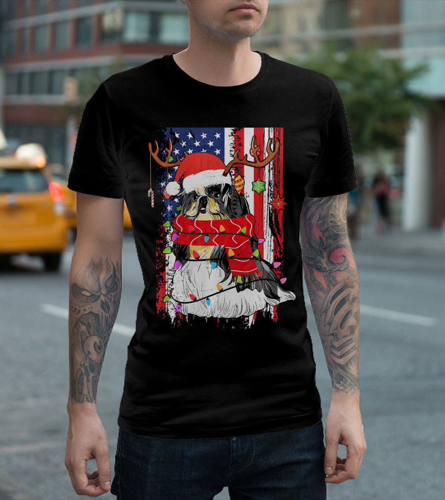 Shih Tzu with Antlers and Santa Hat Christmas Lights USA Flag Background T-Shirt