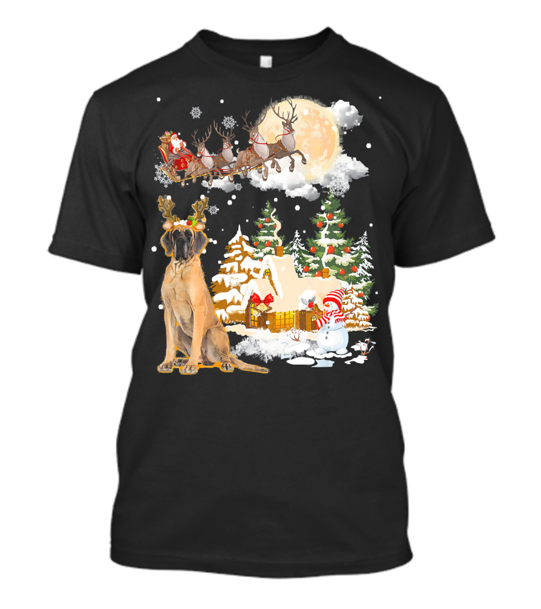 Great Dane And Santa's Sleigh In Festive Christmas Scene T-Shirt