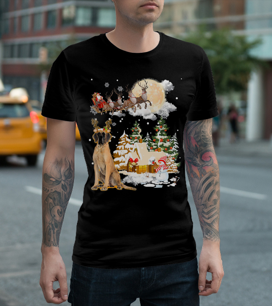 Great Dane And Santa's Sleigh In Festive Christmas Scene T-Shirt
