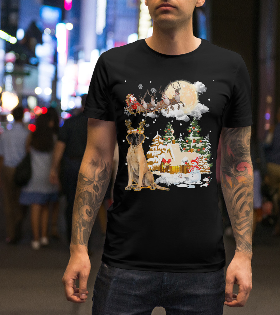 Great Dane And Santa's Sleigh In Festive Christmas Scene T-Shirt