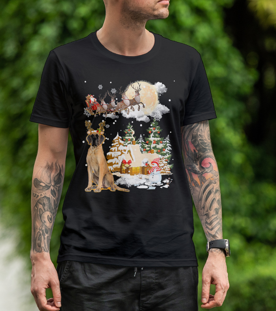 Great Dane And Santa's Sleigh In Festive Christmas Scene T-Shirt