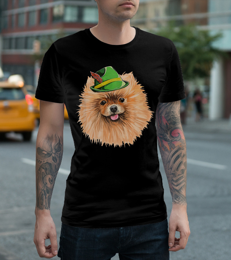 Pomeranian in Green Oktoberfest Hat with Feather T-Shirt