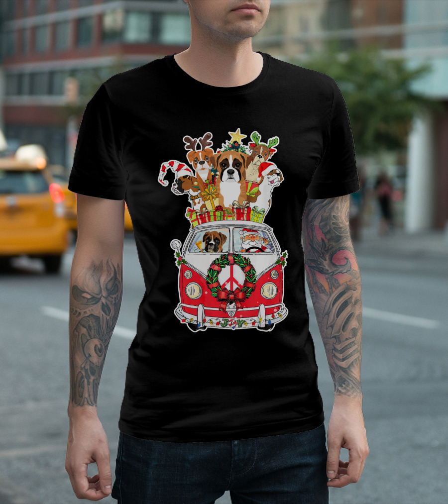 Funny Dog Boxer Santa VW Christmas Tree Peace Sign T-Shirt