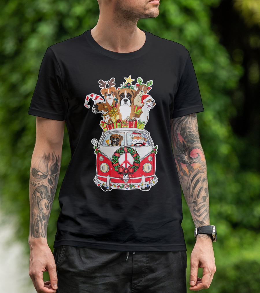 Funny Dog Boxer Santa VW Christmas Tree Peace Sign T-Shirt