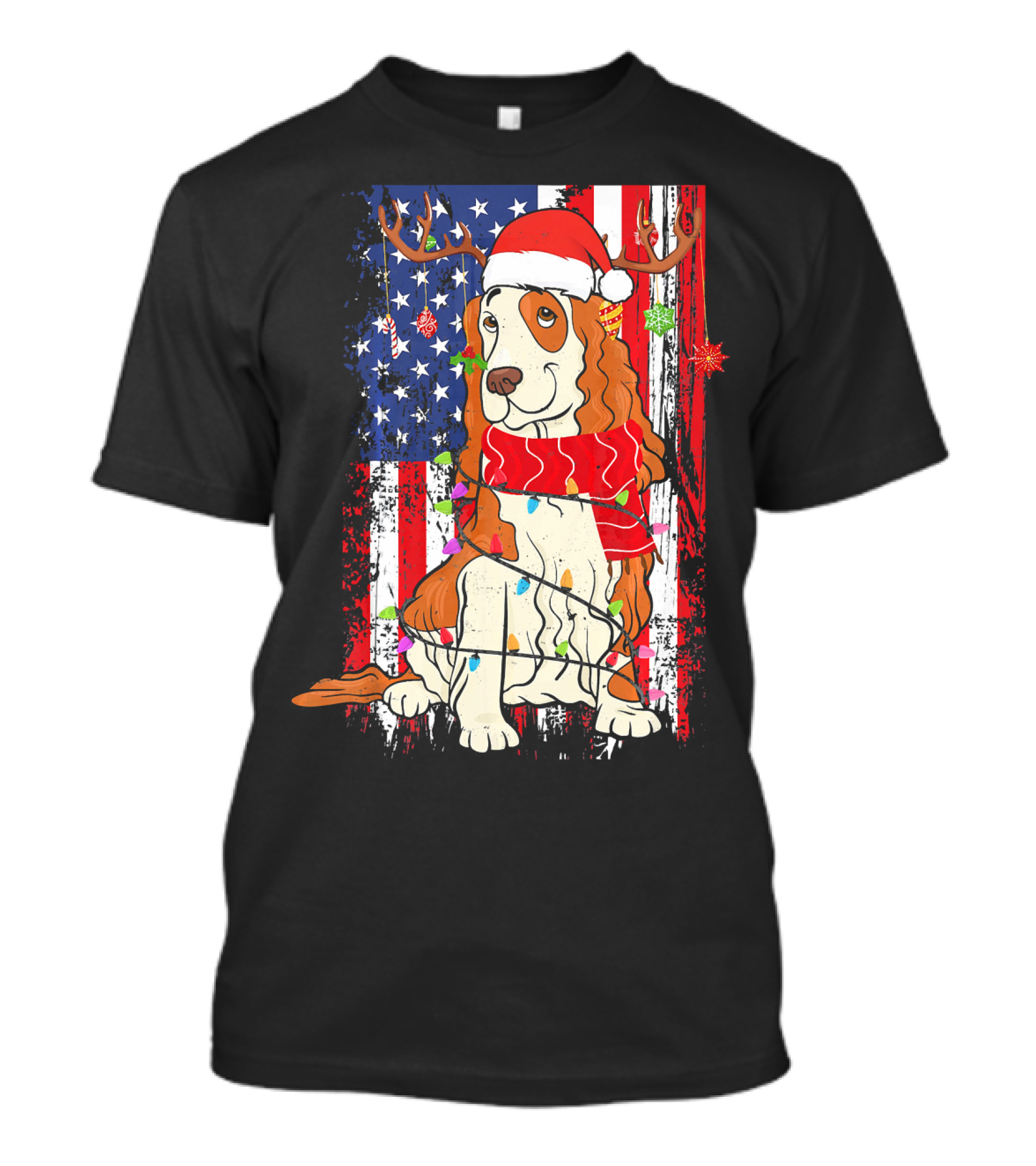 Cocker Spaniel Christmas Santa USA Flag Reindeer Lights T-Shirt