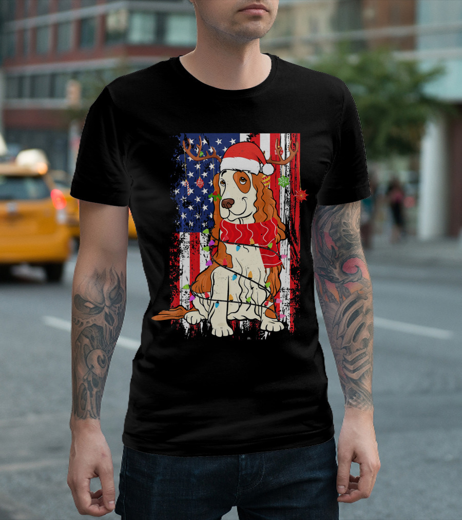 Cocker Spaniel Christmas Santa USA Flag Reindeer Lights T-Shirt