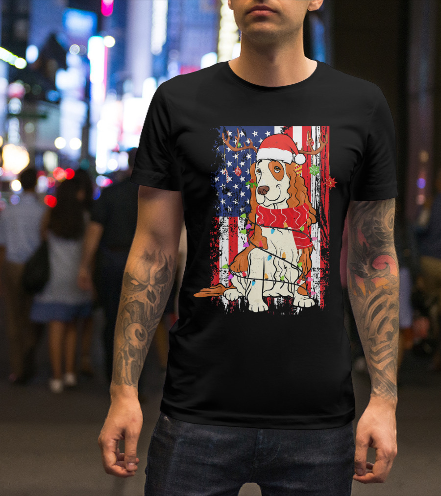 Cocker Spaniel Christmas Santa USA Flag Reindeer Lights T-Shirt