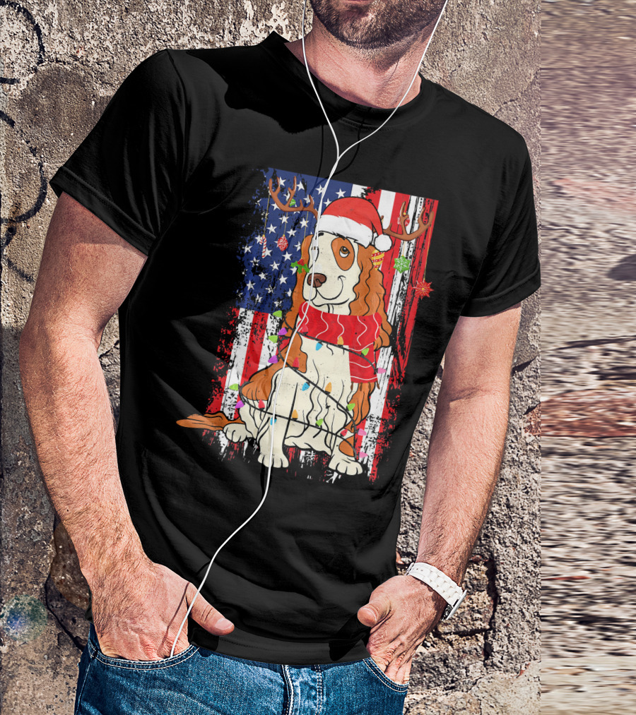 Cocker Spaniel Christmas Santa USA Flag Reindeer Lights T-Shirt