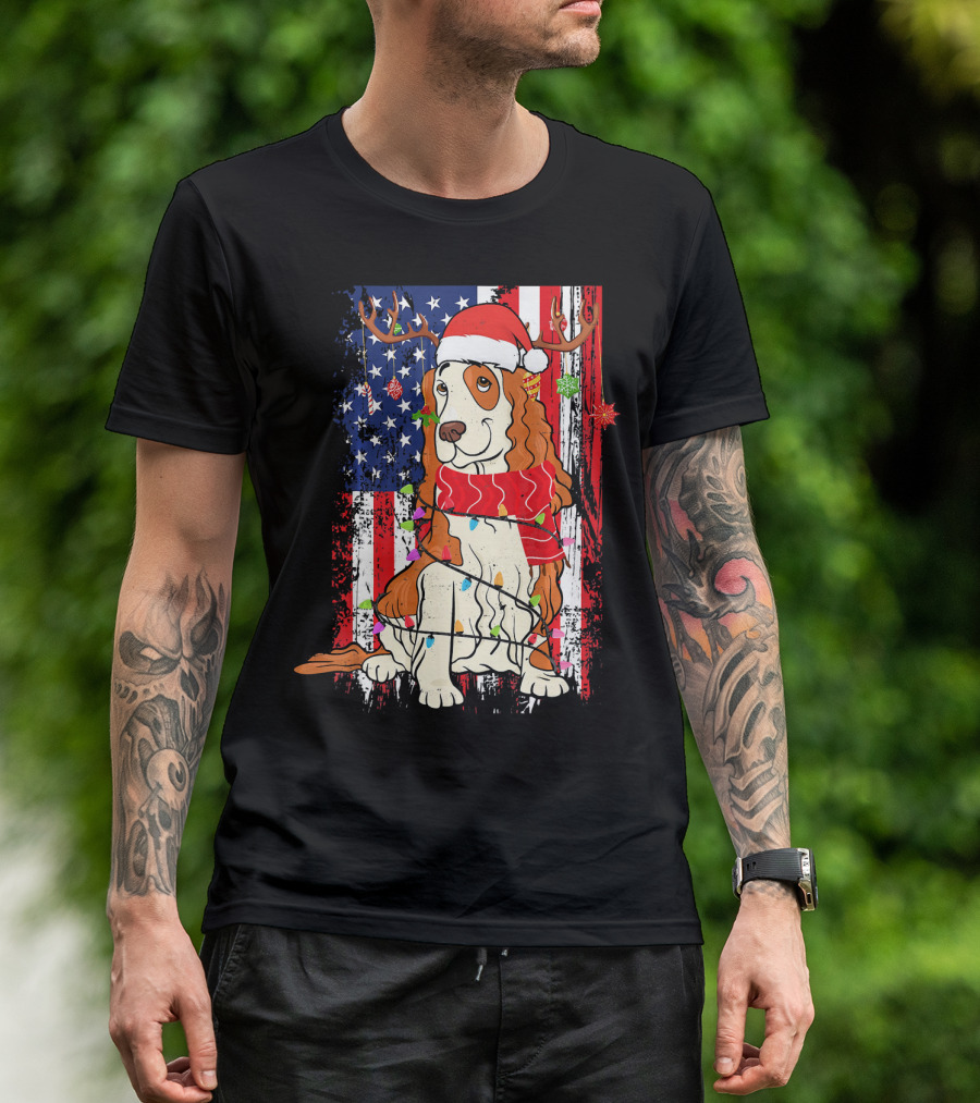Cocker Spaniel Christmas Santa USA Flag Reindeer Lights T-Shirt