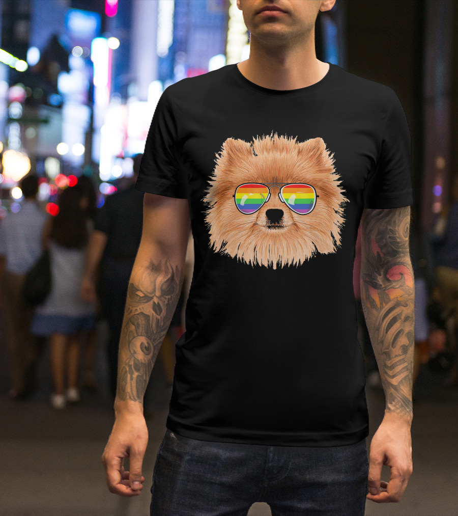 Pomeranian Dog Wearing Gay Pride Rainbow Sunglasses T-Shirt