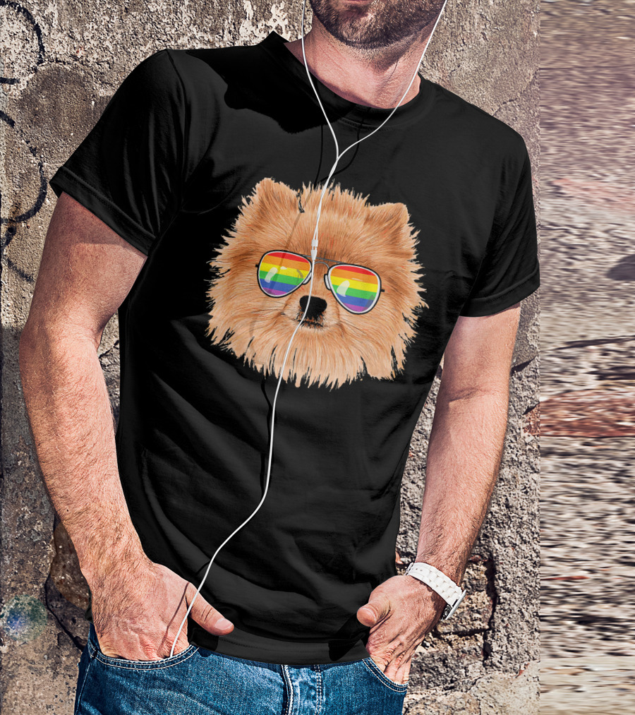 Pomeranian Dog Wearing Gay Pride Rainbow Sunglasses T-Shirt