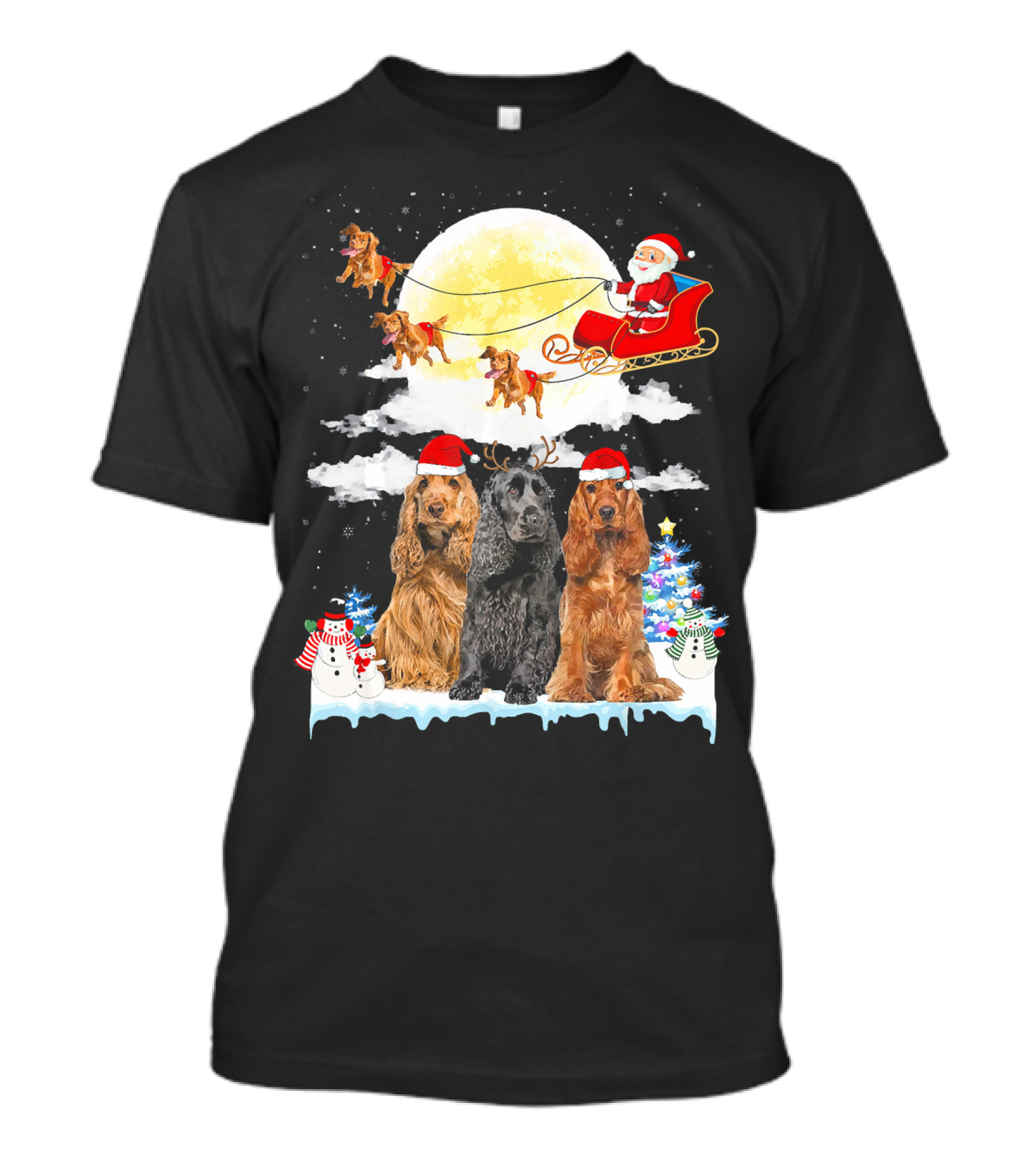 Cocker Spaniel Dogs With Santa In Sleigh Christmas Scene T-Shirt