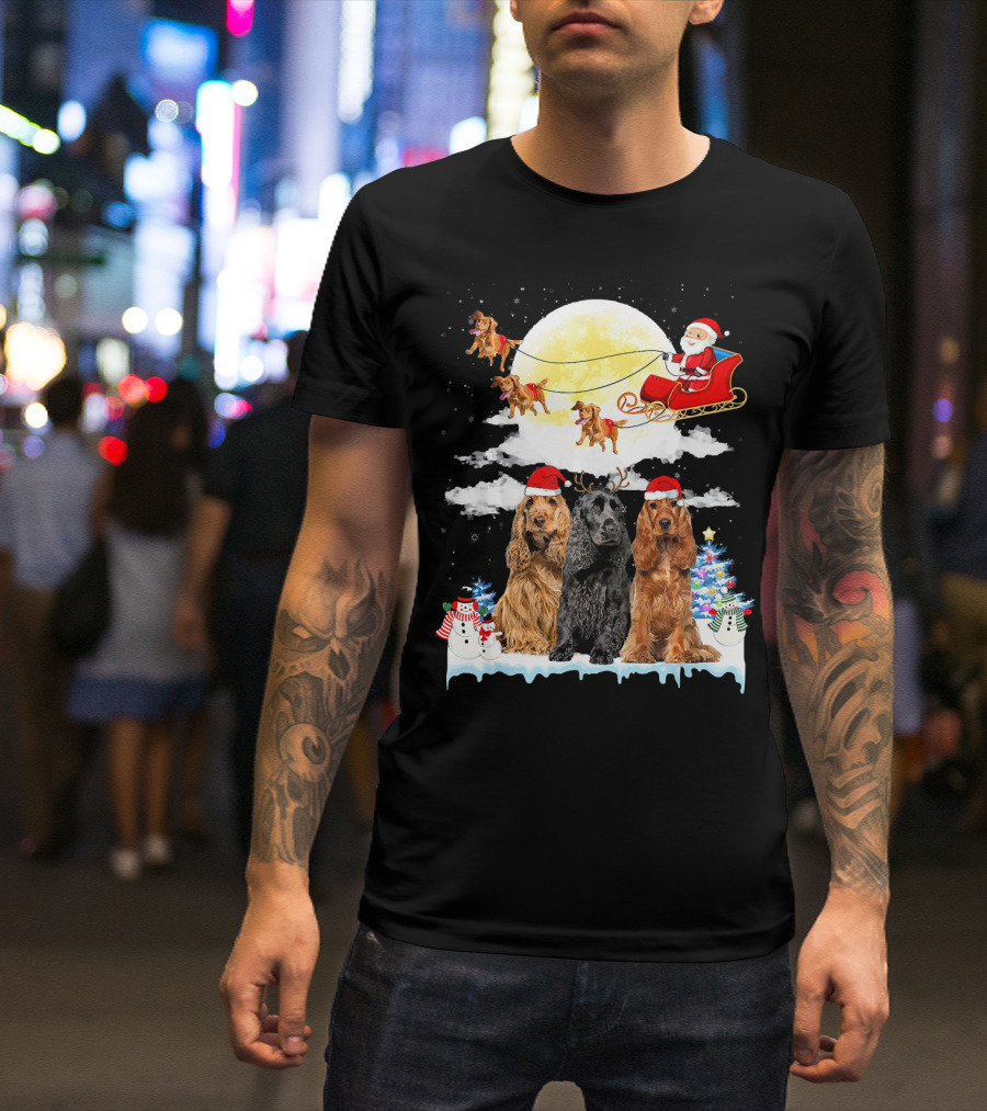 Cocker Spaniel Dogs With Santa In Sleigh Christmas Scene T-Shirt