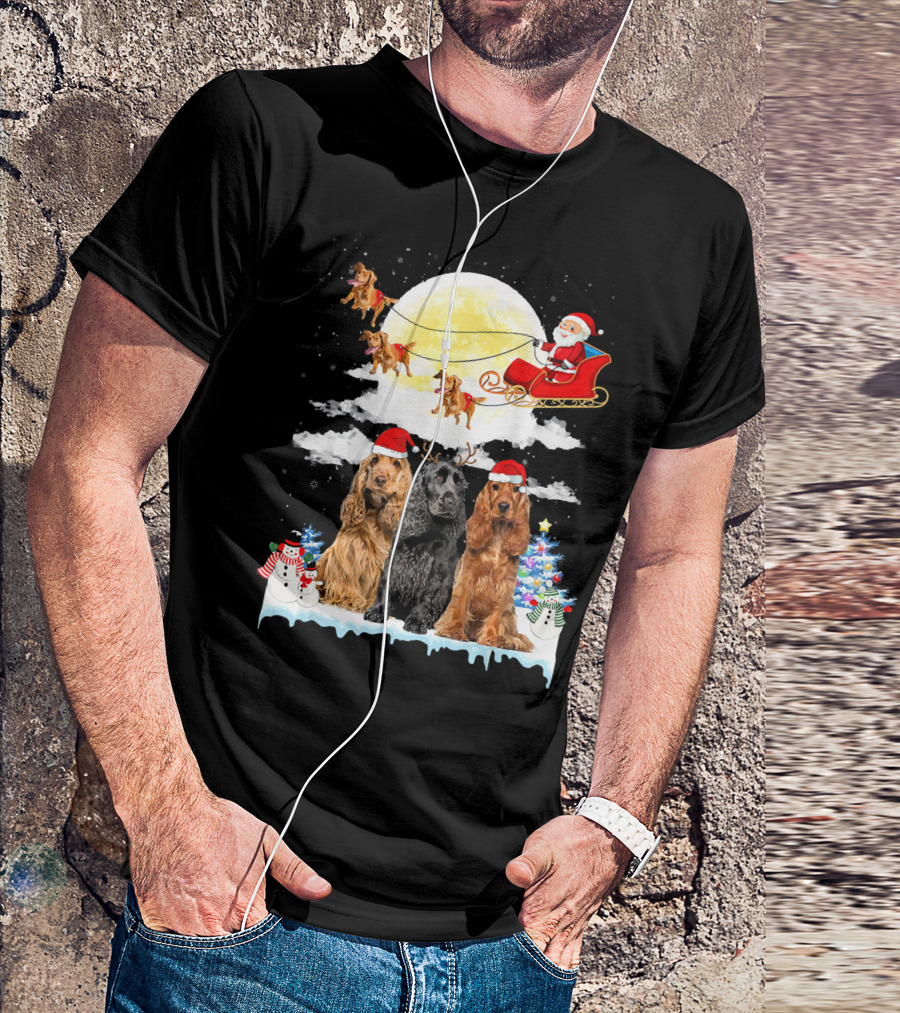 Cocker Spaniel Dogs With Santa In Sleigh Christmas Scene T-Shirt