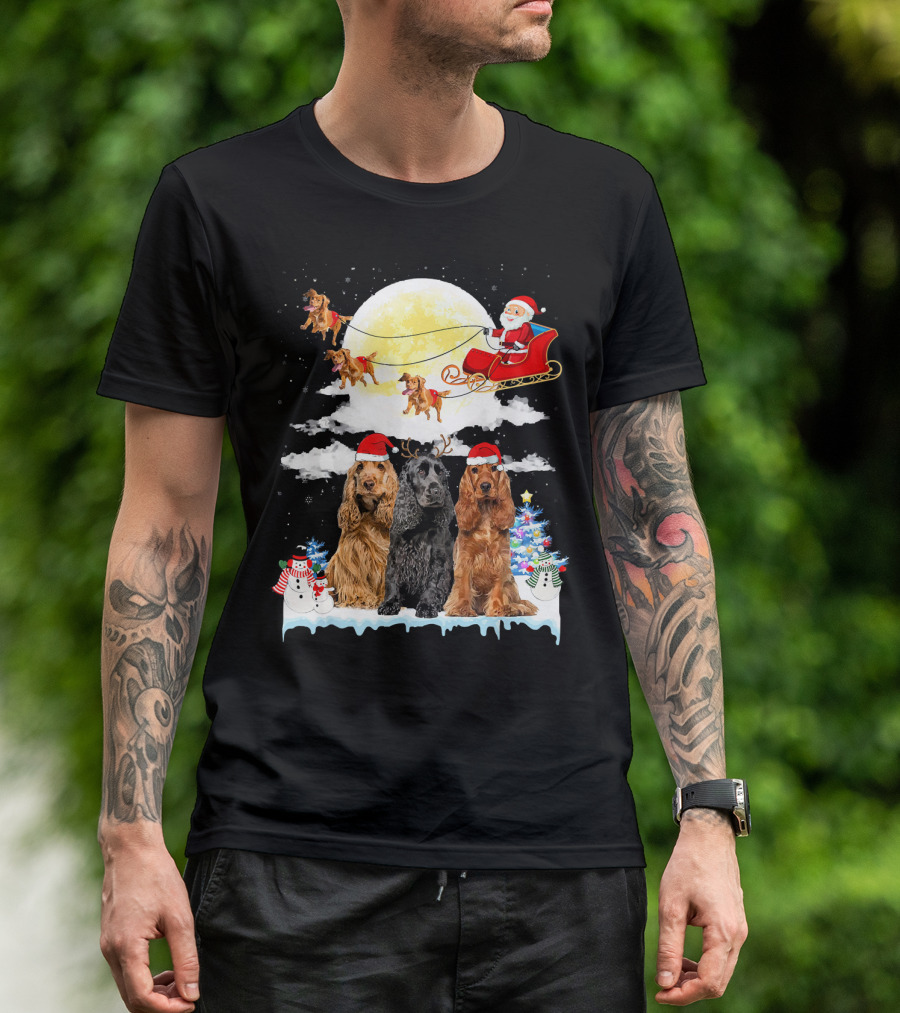 Cocker Spaniel Dogs With Santa In Sleigh Christmas Scene T-Shirt