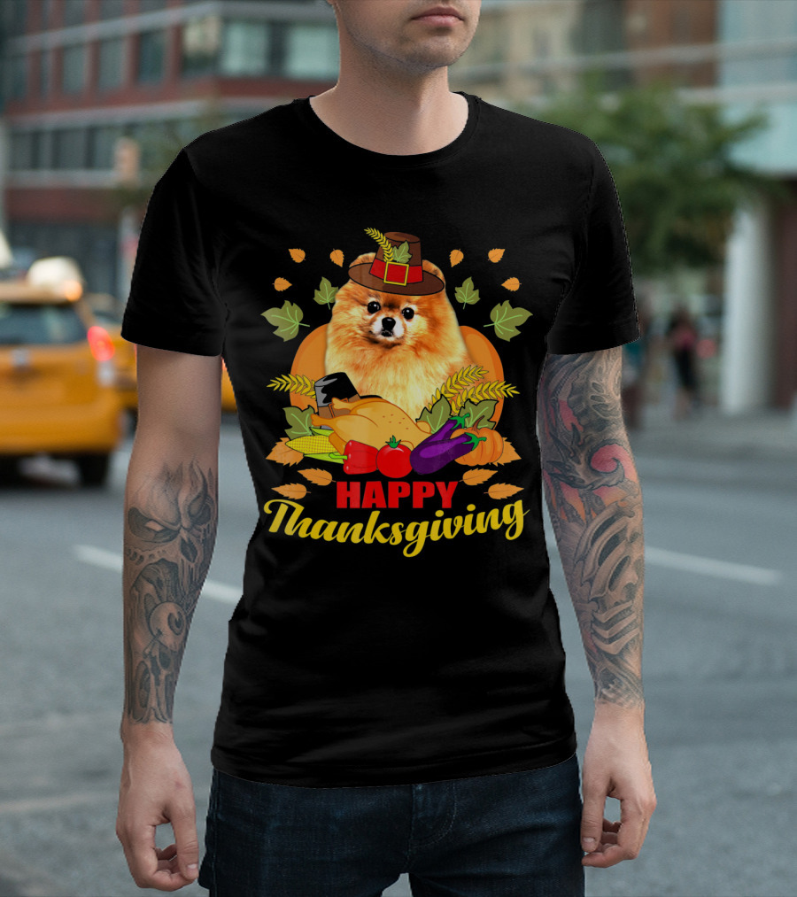 Happy Thanksgiving Pomeranian with Harvest Vegetables and Pilgrim Hat T-Shirt
