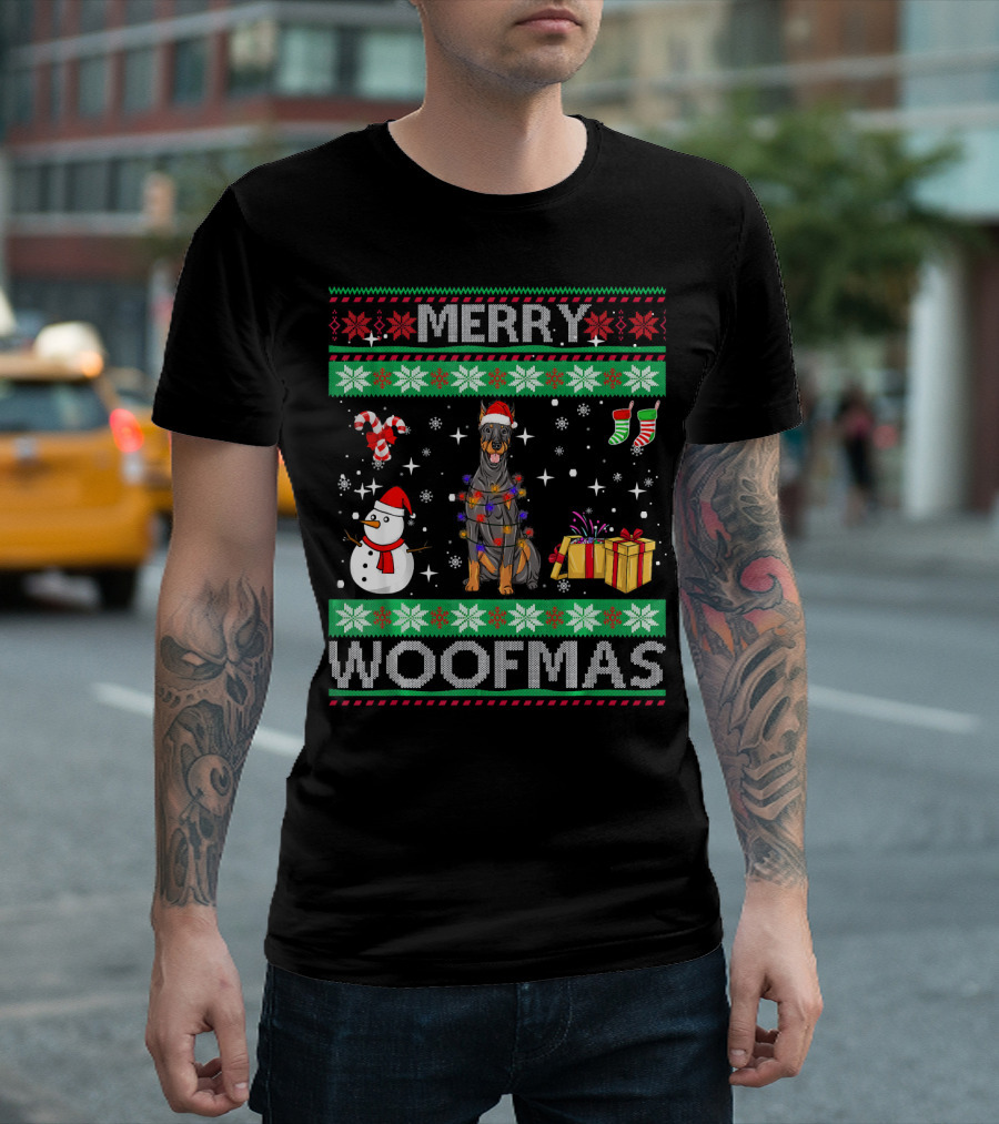 Doberman Pinscher Dog Merry Woofmas Snowman Presents Candy Cane Christmas T-Shirt