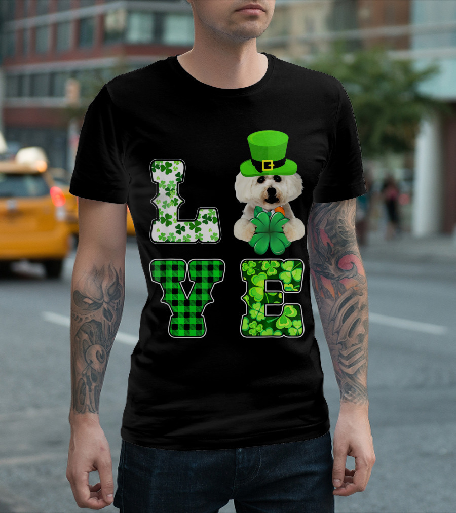 LOVE St Patricks Day Maltese Dog with Shamrocks T-Shirt
