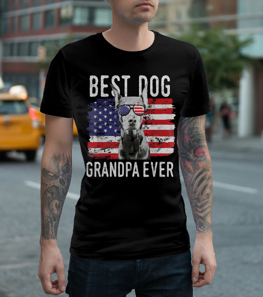 Mens Best Dog Grandpa Ever American Flag Sunglasses T-Shirt