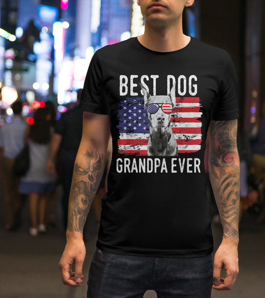 Mens Best Dog Grandpa Ever American Flag Sunglasses T-Shirt